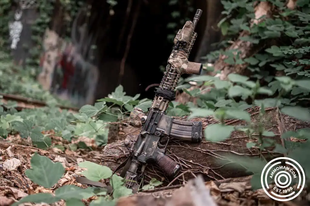 painted ar-15 leaning on a log