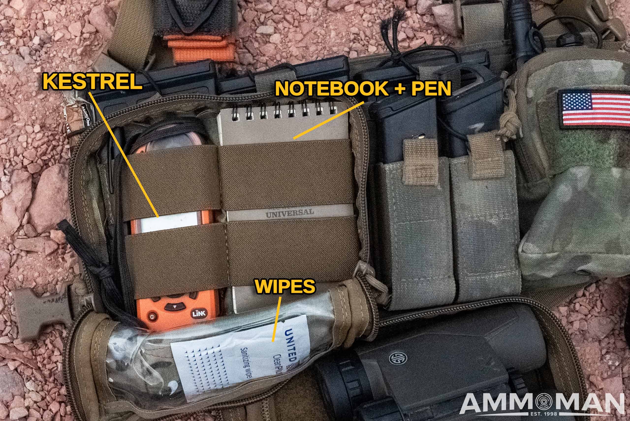 Kestrel and notebook in pouch on chest rig