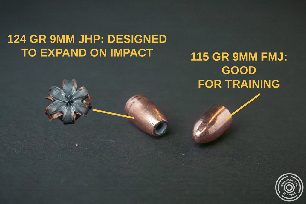 124 grain 9mm defensive ammo vs. 115 grain FMJ training ammo.