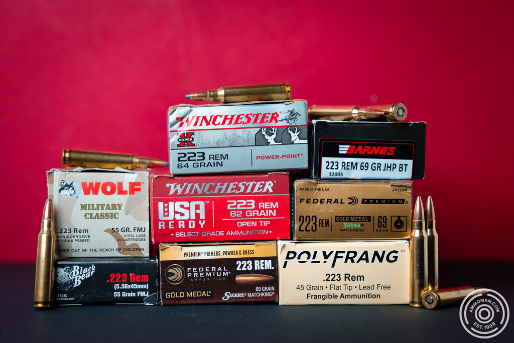 Stacked boxes of various of .223 brands and grain weights. Stacked boxes of various of .223 brands and grain weights.