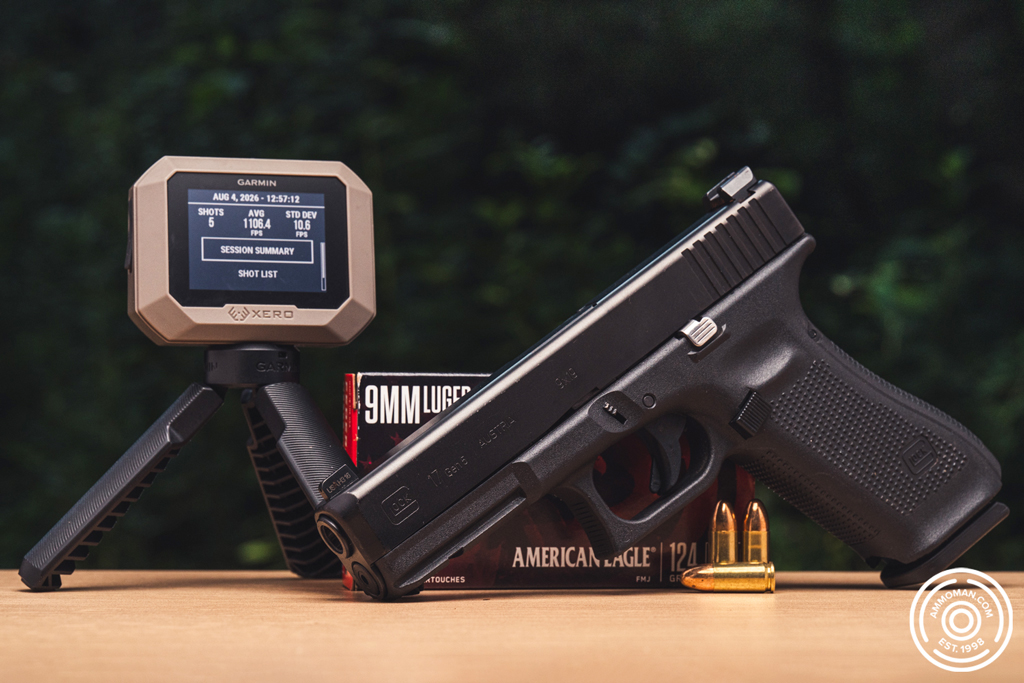 9mm pistol and chronograph on display at the range