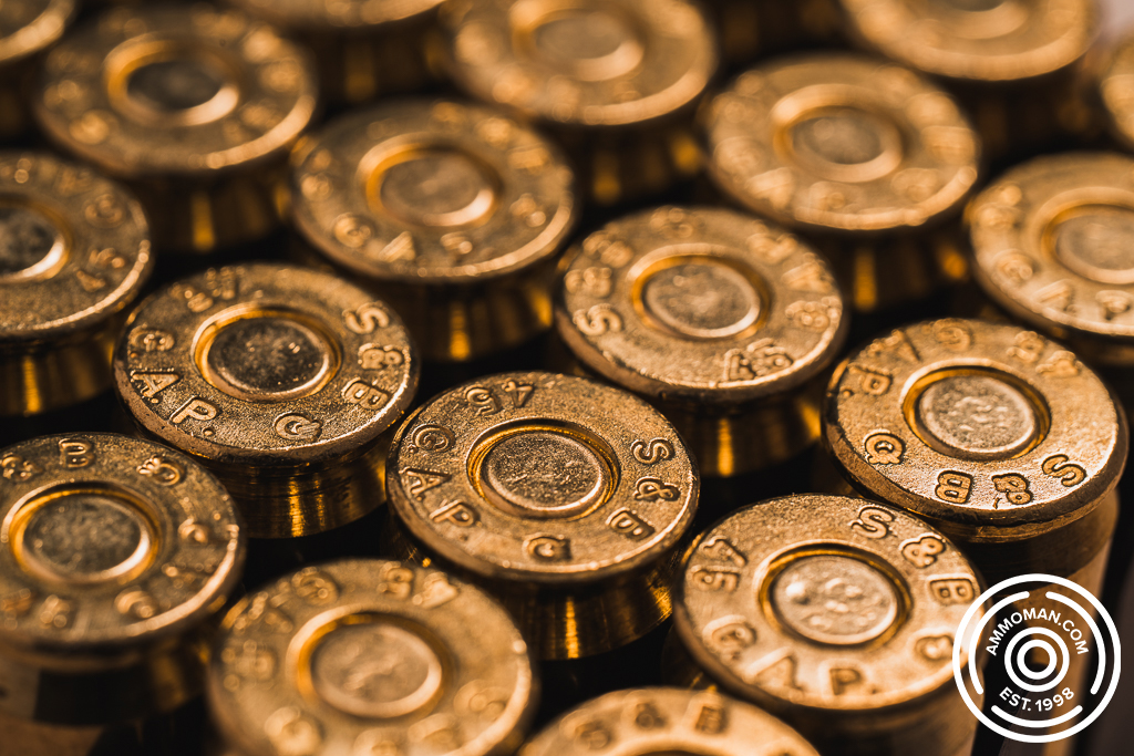 45 GAP ammo headstamps lined up in a row