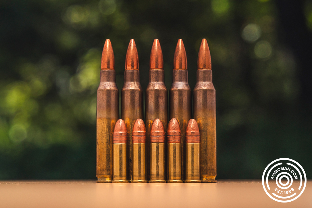 223 ammo and 22 lr ammo Larger 223 ammo cartridges behind shorter 22 long rifle cartridges