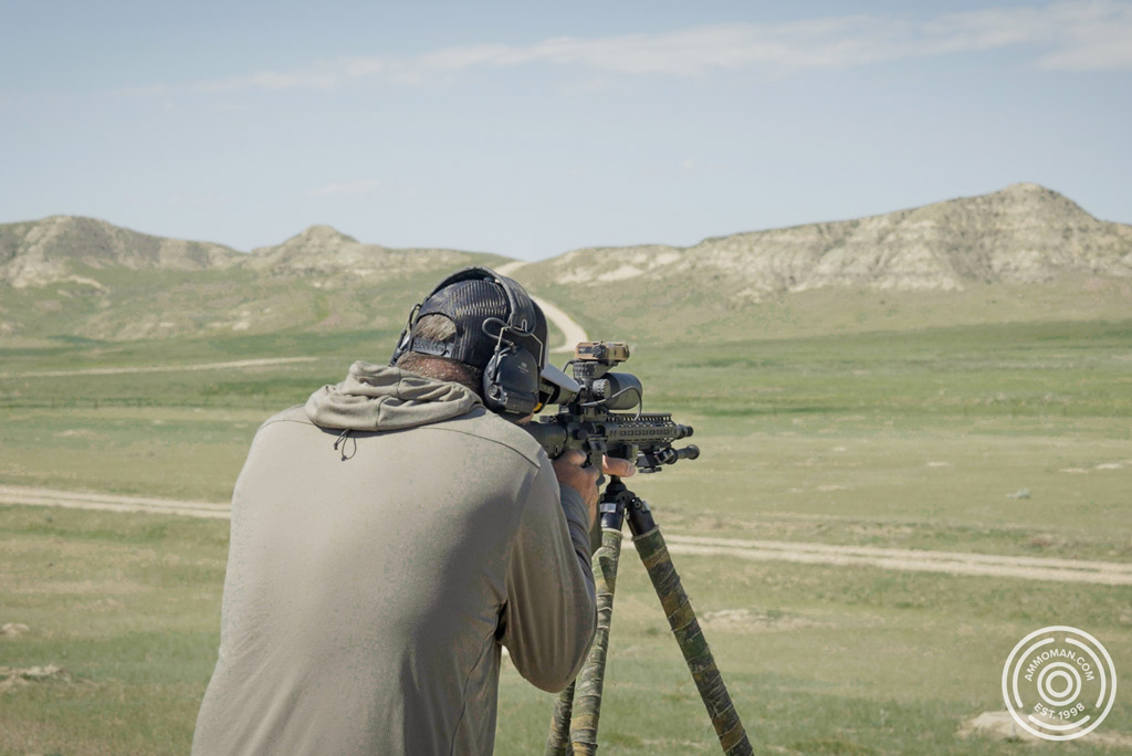 Man shooting a 55 grain 5.56 bullet on a prairie dog hunt.