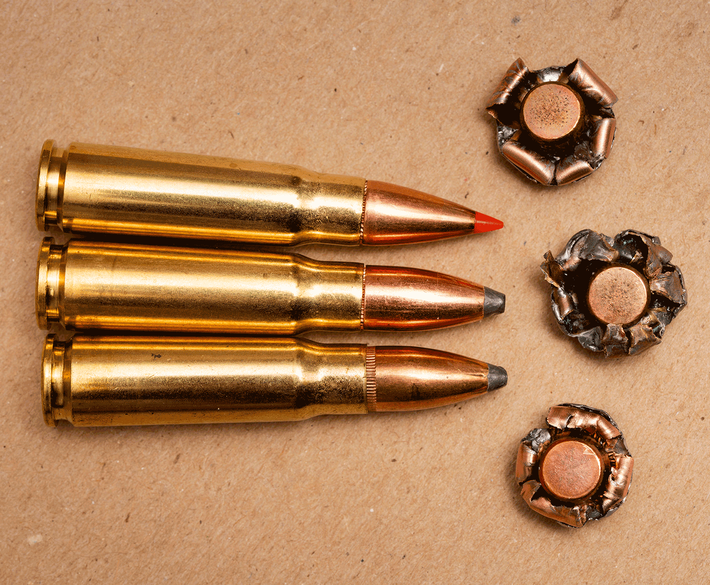 Hornady, Federal and Winchester ammo laid side by side with expanded bullets.