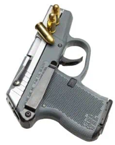 Keltec P32 pistol, a handgun that is available in both 32 ACP and 380 ACP chambering. The Keltec P32 is available in both 32 ACP and 380 ACP.