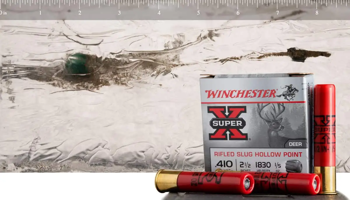Winchester Super-X 410 ammo fired into ballistic gelatin