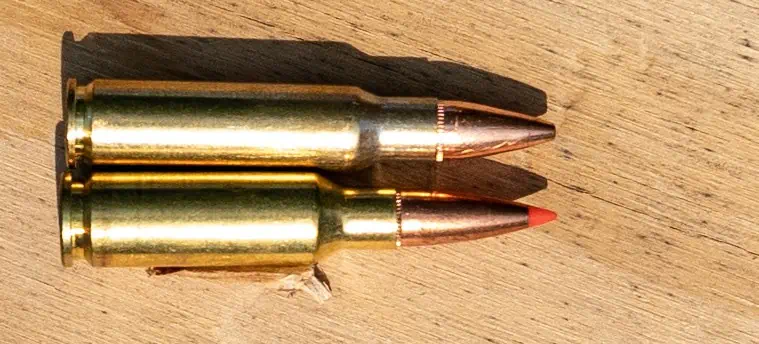 6.8 SPC ammo cartridge displayed above a 6.5 Grendel round (below).