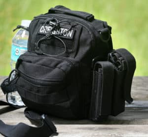 an example of Kevin's every day carry bag, a black backpack with side pockets.