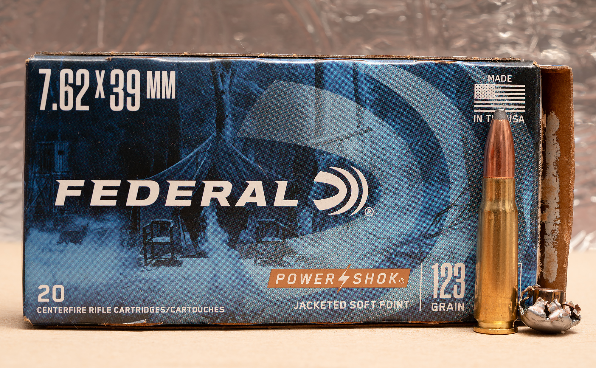 Federal Power Shok 7.62x39 ammo displayed