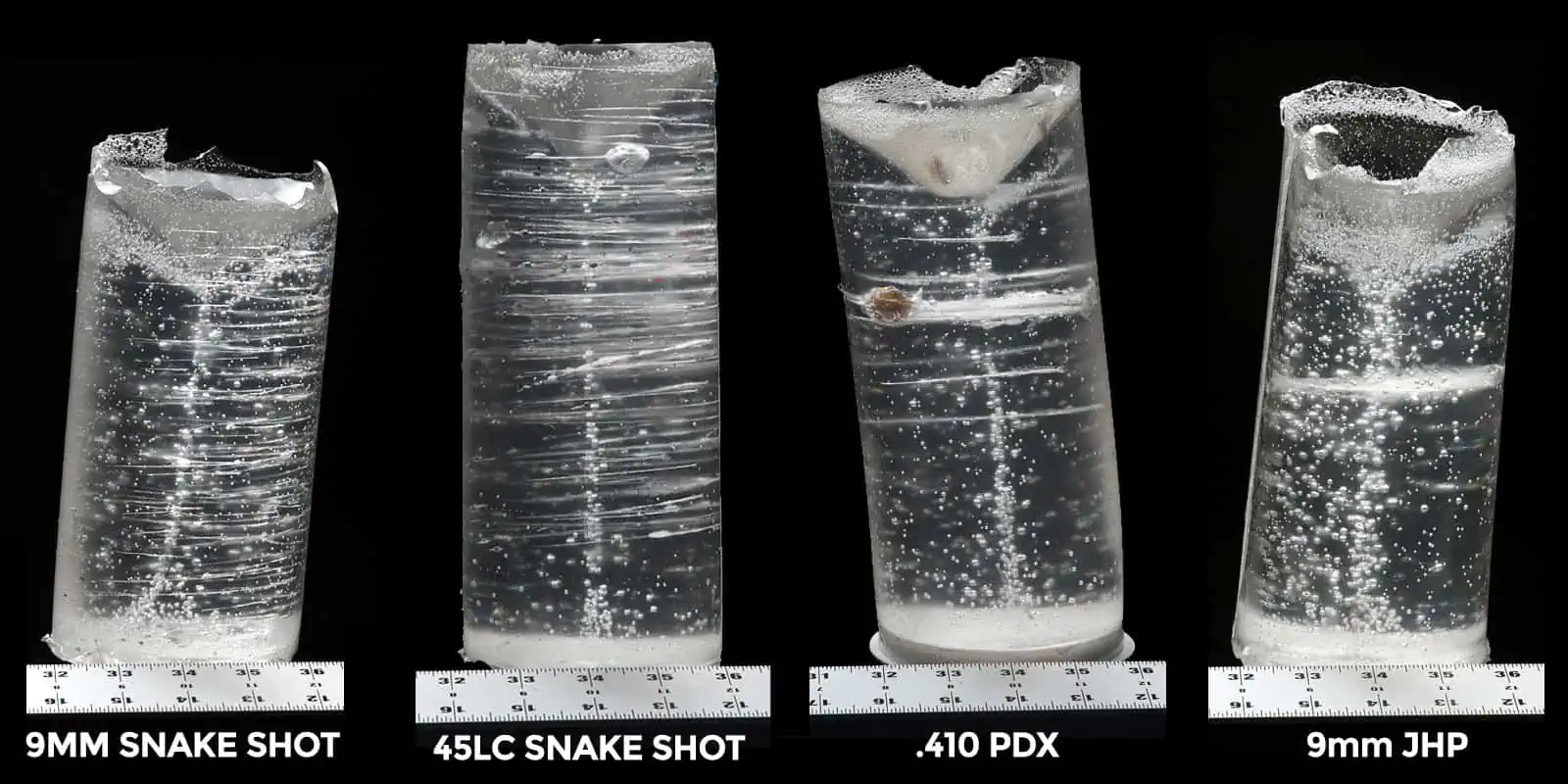 Snake shot fired into ballistic gelatin