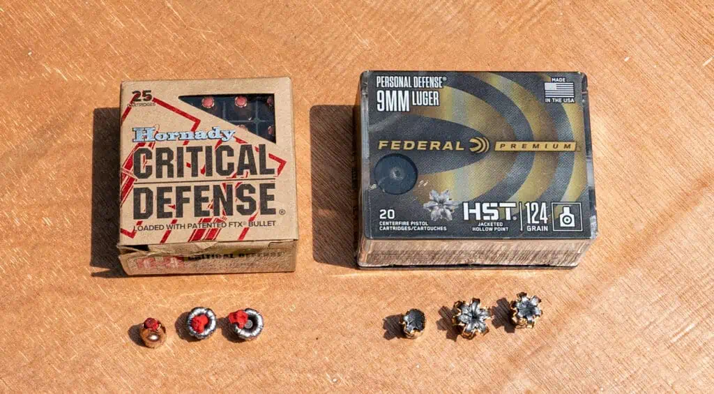 Overhead view of Critical Defense expanded bullets vs Federal HST