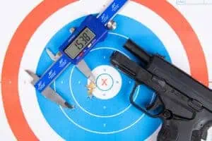 XD-S pistol and target used for accuracy tests as part of our review